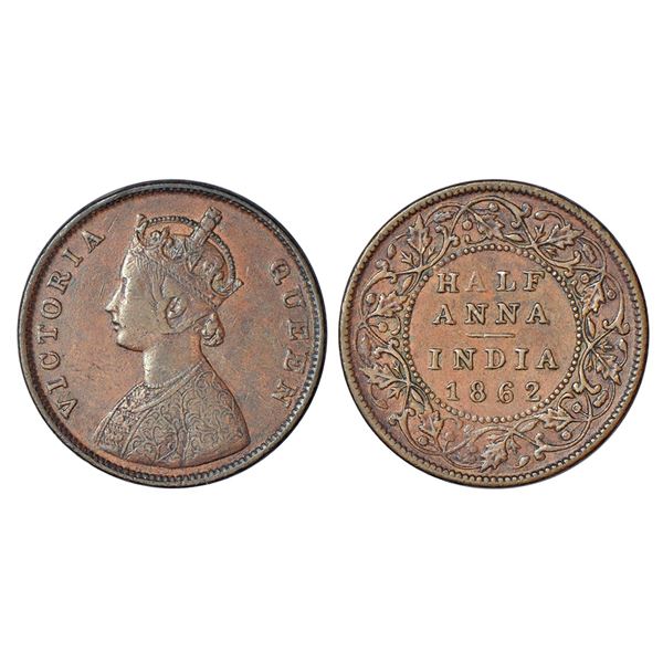 British India: Victoria Queen, copper ½ anna, 1862, Madras mint, A/I, PR 577; GK 390, 13.05g.