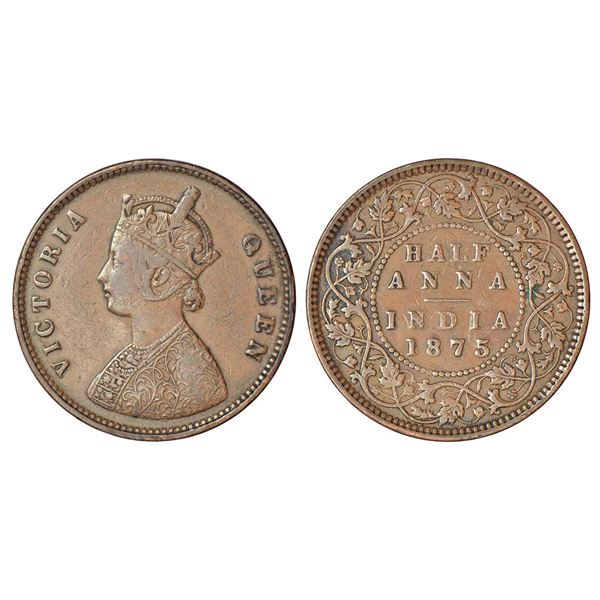 British India: Victoria Queen, copper ½ anna, 1875, Calcutta mint, B/II, PR 583; GK 818, 12.96g.