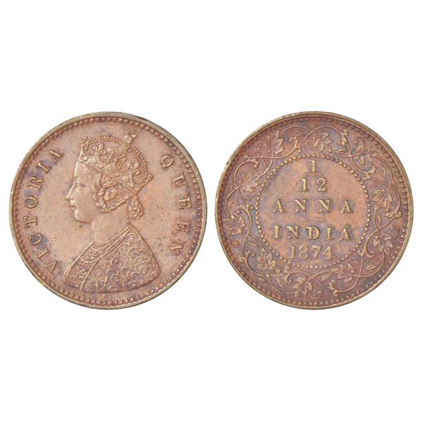 British India: Victoria Queen, copper 1/12 anna, 1874, Calcutta mint, no mint mark, GK 882, 2.24g.