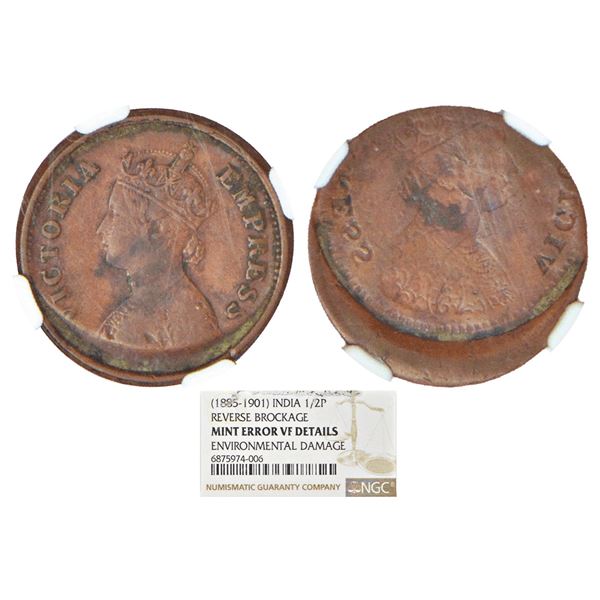 British India: Victoria Empress, copper ½ pice, ND (1885-1901), Calcutta mint, obverse part brockage