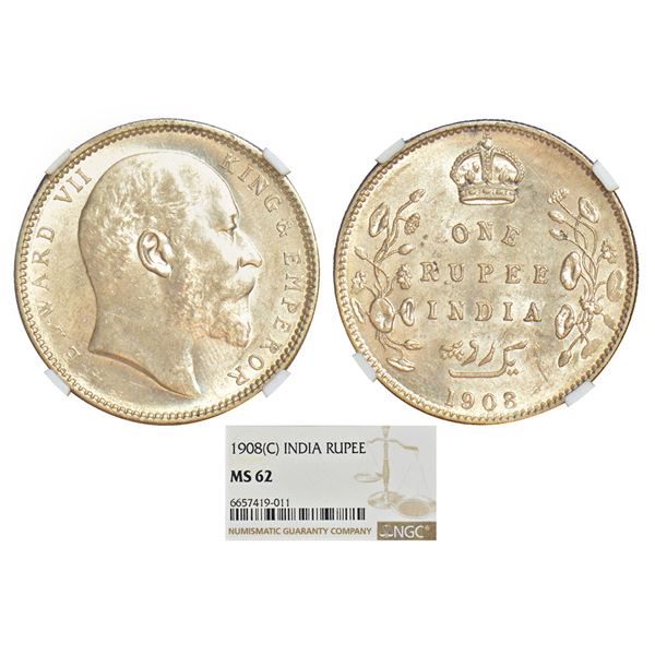 British India: Edward VII, silver rupee, 1908, Calcutta mint, no mint mark, PR 194; GK 946.