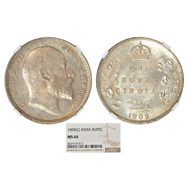 British India: Edward VII, silver rupee, 1909, Calcutta mint, no mint mark, PR 195; GK 950.