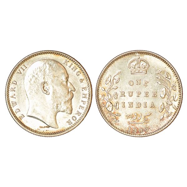 British India: Edward VII, silver rupee, 1909, Calcutta mint, no mint mark, PR 195; GK 950, 11.67g.