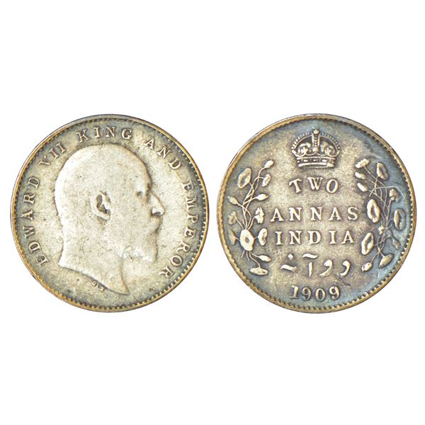 British India: Edward VII, silver 2 annas, 1909, Calcutta mint, no mint mark, PR 562; GK 986, 1.42g.