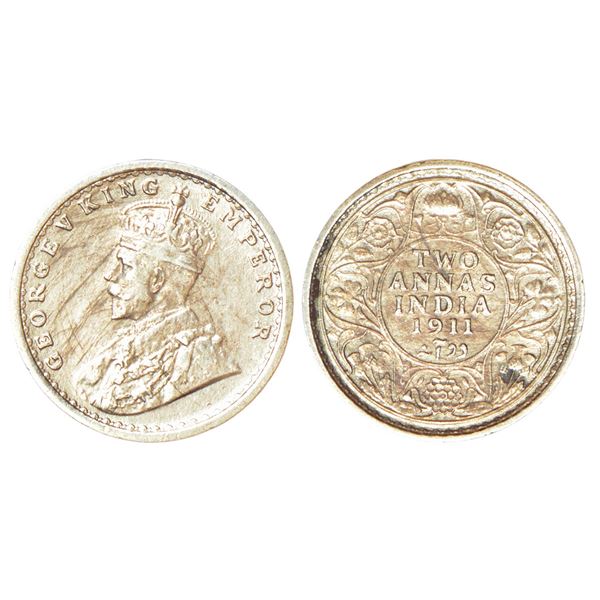 British India: George V, silver 2 annas, 1911, Calcutta mint, no dot, pig type, PR 564; GK 1107, 1.4