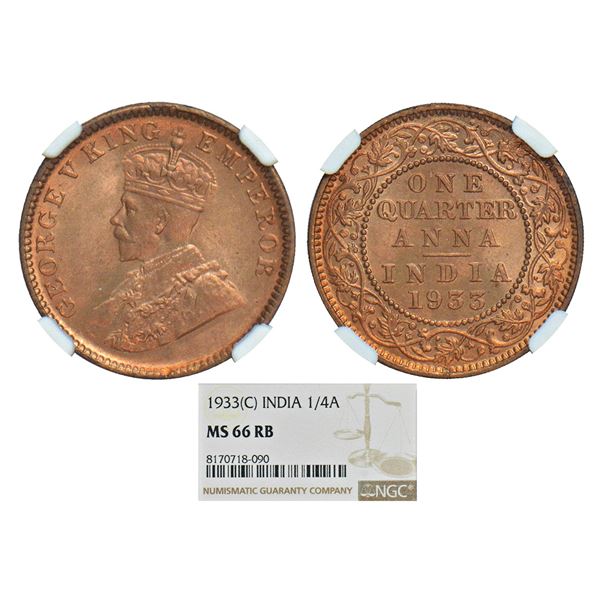 British India: George V, copper ¼ anna, 1933, Calcutta mint, no dot, PR 673; GK 1193.