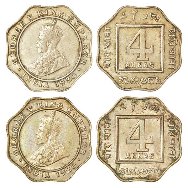 British India: George V, cupro-nickel 4 annas (2), 1920, Bombay mint, dot, PR 878; GK 1104. (2 coins