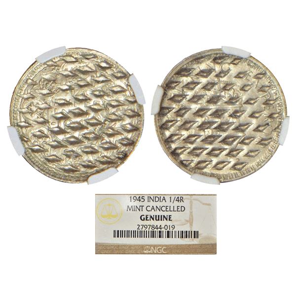 British India: George VI, half silver ¼ rupee, 1945, MINT CANCELLED.