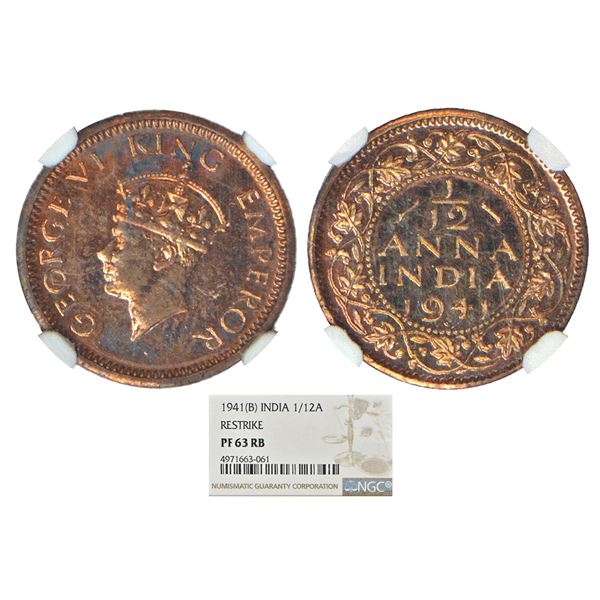 British India: George VI, proof re-strike, copper 1/12 anna, 1941, Bombay mint, head type II, unlist