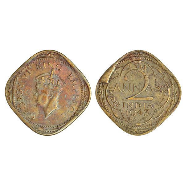 British India: George VI, nickel brass 2 annas, 1943, Bombay mint, head type II, PR 919; GK 1360-136