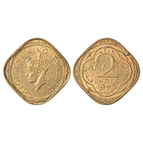 British India: George VI, nickel brass 2 annas, 1943, Bombay mint, head type II, PR 919; GK 1360-136