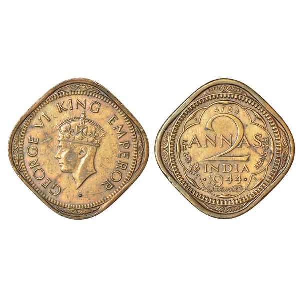 British India: George VI, nickel brass 2 annas, 1944 (small 4), Bombay mint, head type II, PR 920; G