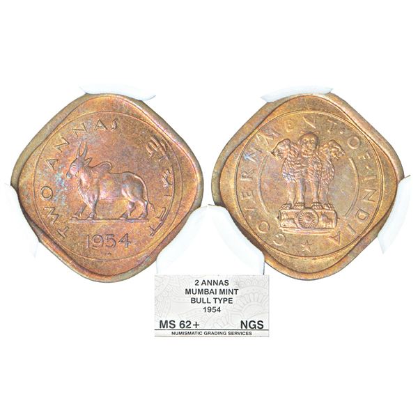Republic of India: 1954, cupro-nickel 2 annas, Bombay mint, KM 4.2. Obv: Ashoka lion pedestal. Rev: