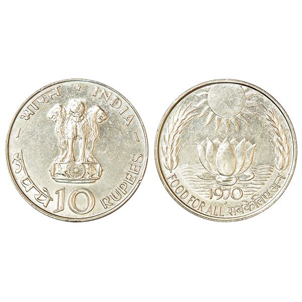 Republic of India: 1970, Food for All, silver 10 rupees, Bombay mint, KM 186, 14.90g.
