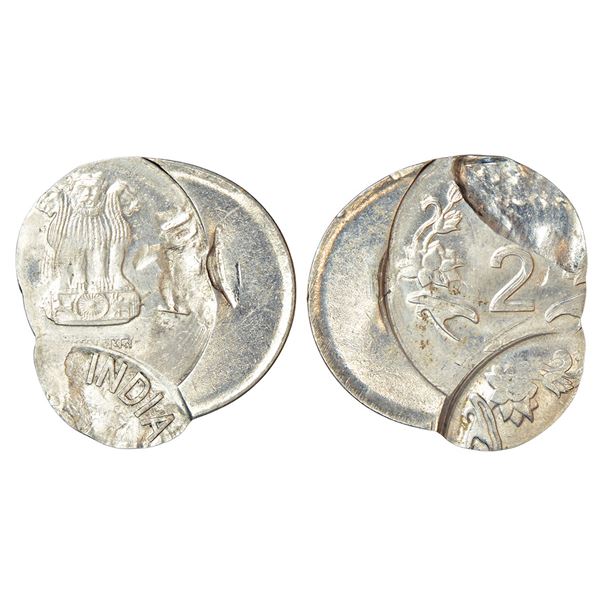 Republic of India: 2 rupees, error, ferratic stainless steel, 20xx, off-centre and multiple struck o