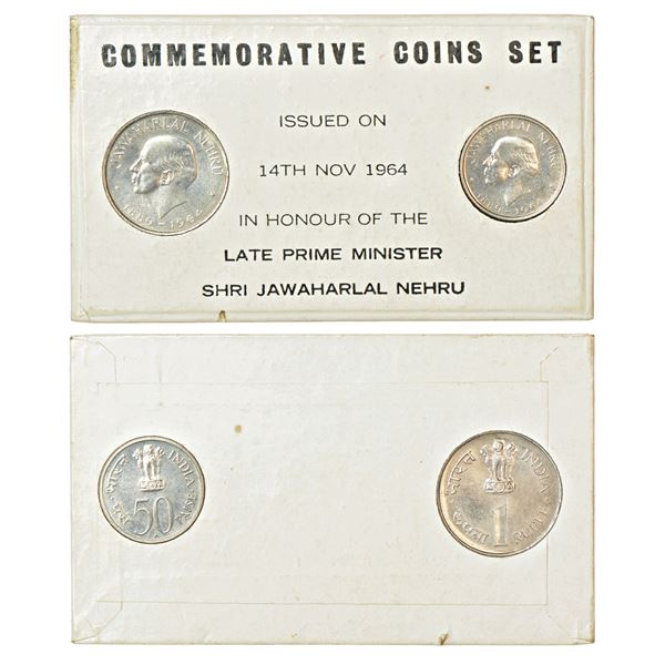 Republic of India: 1964, Jawaharlal Nehru, UNC set of 2 coins, 1 rupee and 50 paise (English), Bomba