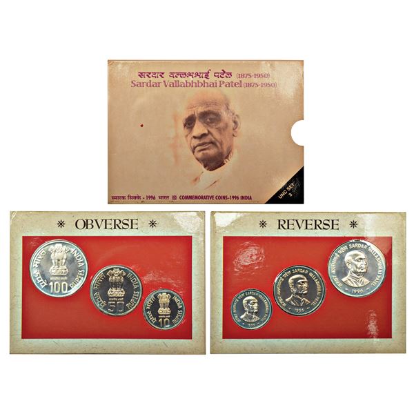 Republic of India: 1996, Sardar Vallabhbhai Patel, UNC set of 3 coins, 100 rupees, 50 rupees and 10