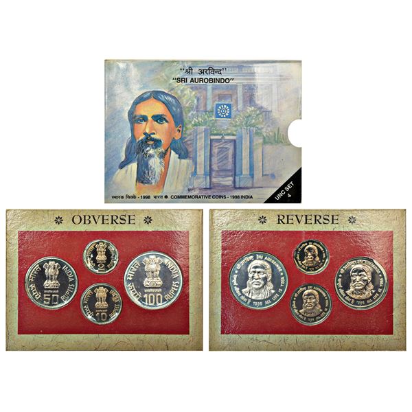 Republic of India: 1998, Sri Aurobindo, UNC Set of 4 coins, 100 rupees, 50 rupees, 10 rupees and 2 r