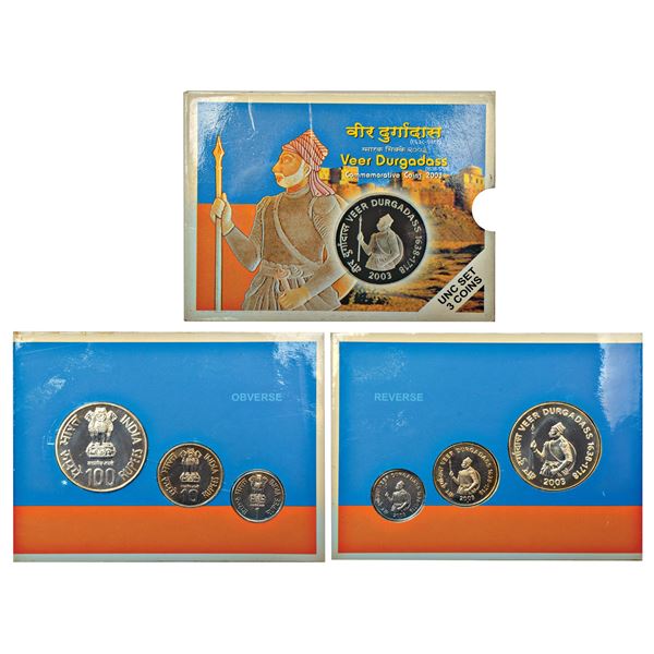 Republic of India: 2003, Veer Durgadass, UNC set of 3 coins, 100 rupees,10 rupees and 1 rupee, Mumba