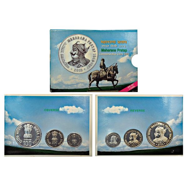 Republic of India: 2003, Maharana Pratap, UNC set of 3 coins, 100 rupees, 10 rupees and 1 rupee, Mum