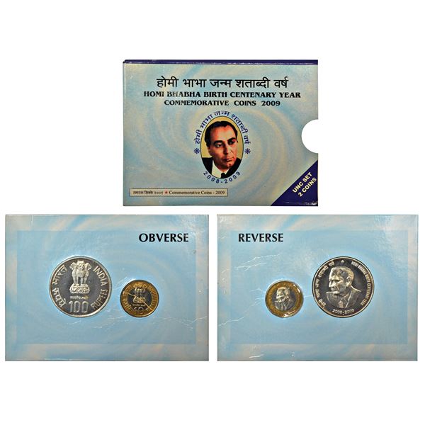 Republic of India: 2009, Homi Bhabha Birth Centenary, UNC set of 2 coins, 100 rupees and 10 rupees,