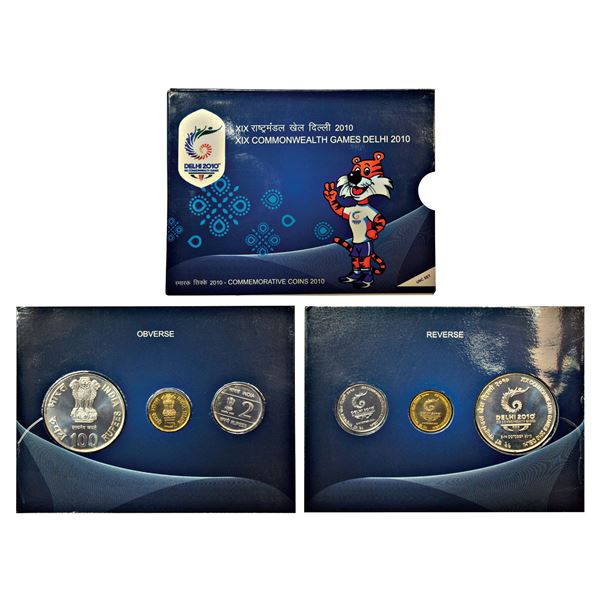 Republic of India: 2010, XIX Commonwealth Games Delhi, UNC set of 3 coins, 100 rupees, 5 rupees and