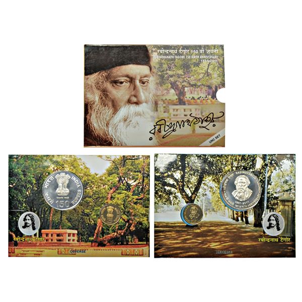 Republic of India: 2011, 150th Birth Anniversary of Rabindranath Tagore, UNC set of 2 coins, 150 rup