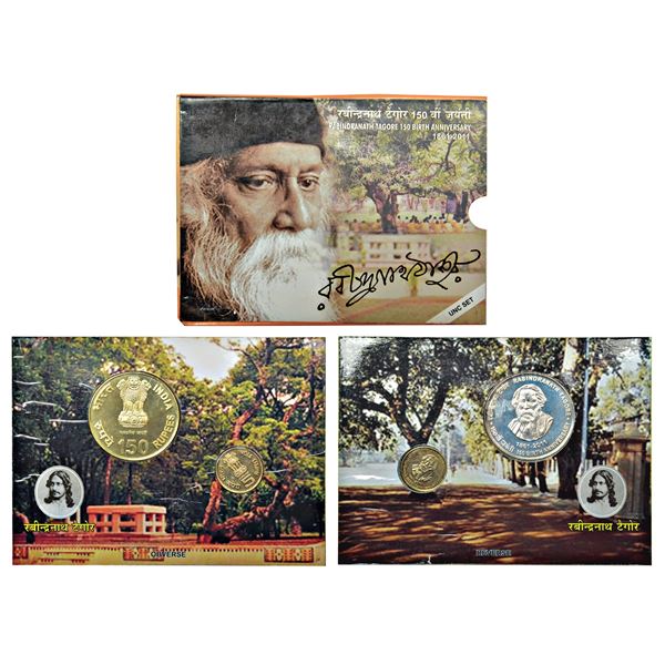 Republic of India: 2011, 150th Birth Anniversary of Rabindranath Tagore, UNC set of 2 coins, 150 rup