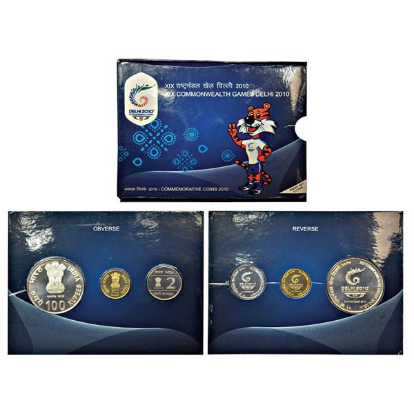 Republic of India: 2010, XIX Commonwealth Games Delhi, Proof set of 3 coins, 100 rupees, 5 rupees an