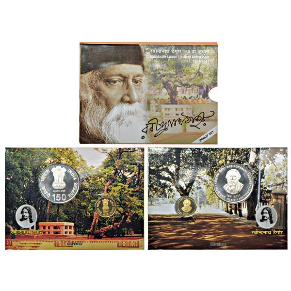 Republic of India: 2011, 150th Birth Anniversary of Rabindranath Tagore, Proof set of 2 coins, 150 r