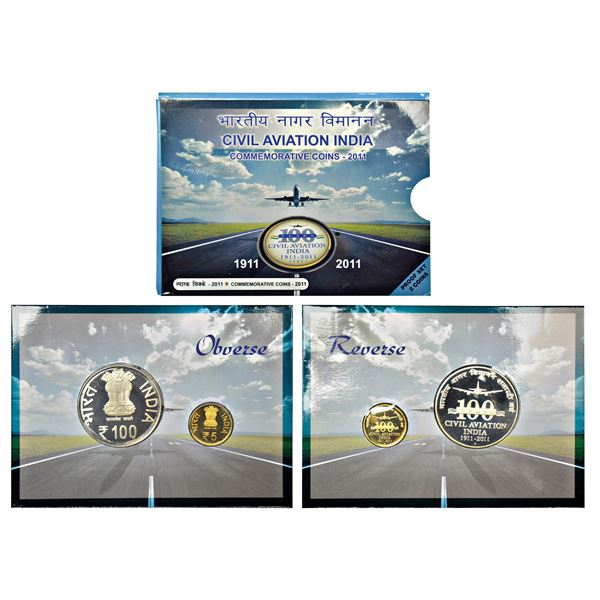 Republic of India: 2011, Civil Aviation India, Proof set of 2 coins, 100 rupees and 5 rupees, Mumbai