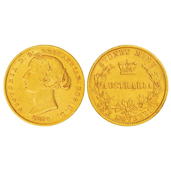 Foreign: Australia, Victoria (1837-1901 AD), gold sovereign, Sydney mint, 1870, KM 4, 7.93g. Obv: La