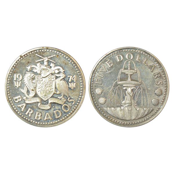 Foreign: Barbados, Proof silver 5 dollar, 1974, KM 16a, 31.50g. Obv: National arms. Rev: Shell fount