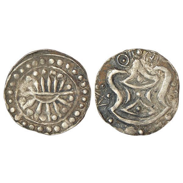 Foreign: Burma, Kingdom of Funan (400-550 AD), silver unit, MACW 5246-5251, 9.32g. Obv: Rising sun w