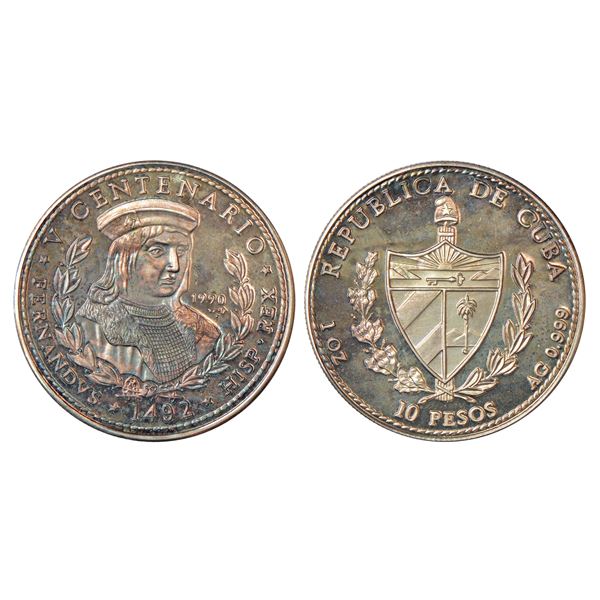 Foreign: Cuba, Proof silver 10 pesos, Discovery of America, 1990, KM 263, 31.10g. Obv: Bust of King