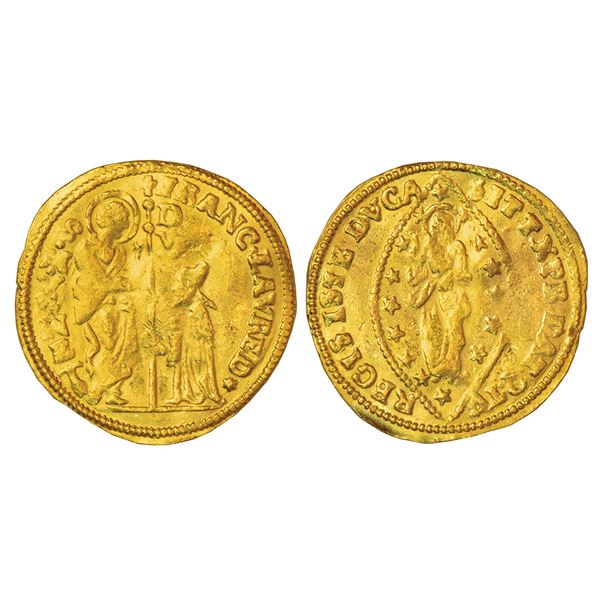 Foreign: Italian State-Venice, gold zecchino, ND (1752-62 AD), KM C21, 3.49g. Obv: Doge kneeling bef