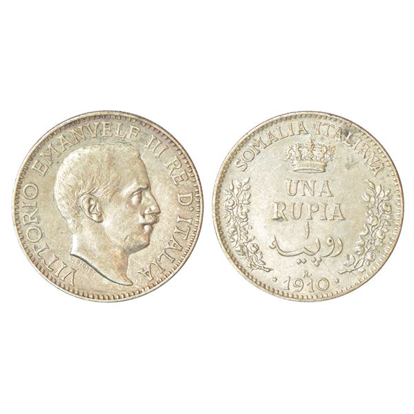 Foreign: Italian Somaliland, Vittorio Emanuele III, silver una rupia, 1910, KM 6, 11.54g. Obv: Head
