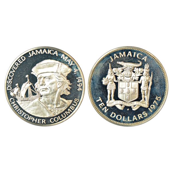 Foreign: Jamaica, Elizabeth II, Proof silver 10 dollar, 1975, Christopher Columbus, KM 66a, 42.80g.