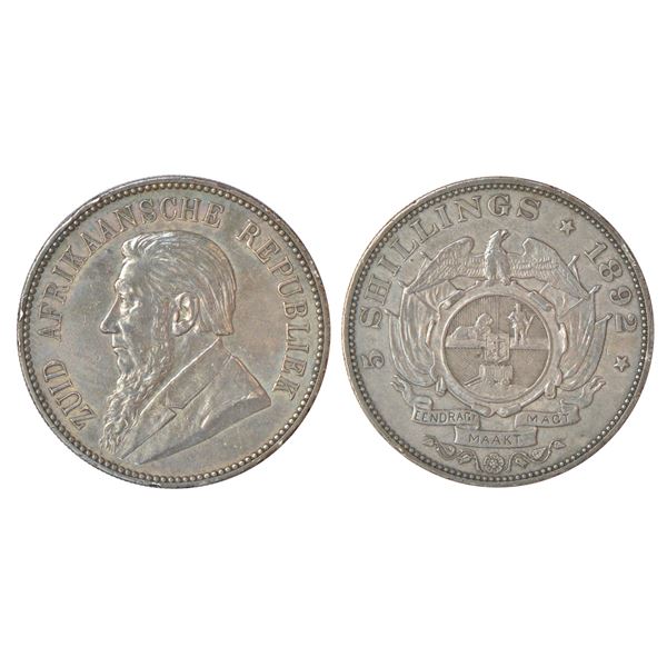 Foreign: South Africa, silver 5 shillings, 1892, KM 8.2, 28.22g. Obv: Bust to left. Rev: Eagle above