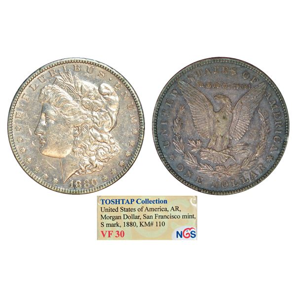 Foreign: United States of America, silver morgan dollar, 1880, 'S' mintmark, KM 110. Obv: Liberty he