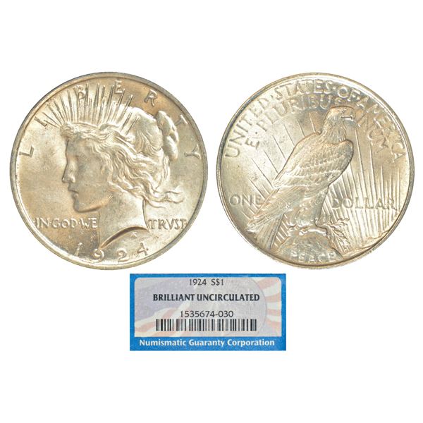 Foreign: United States of America, silver peace dollar, 1924, KM 150. Obv: Liberty head facing left,