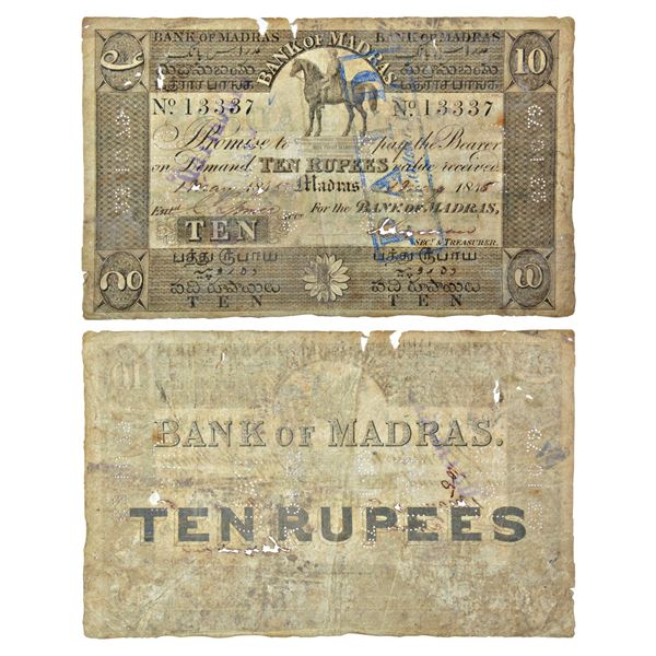 Paper Money: Bank of Madras, 10 rupees, hand signed, dated 1 May 1845 of date format 184_, Plate typ