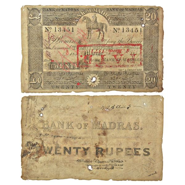 Paper Money: Bank of Madras, 20 rupees, hand signed, dated 24 July 1849 of date format 184_, Plate
