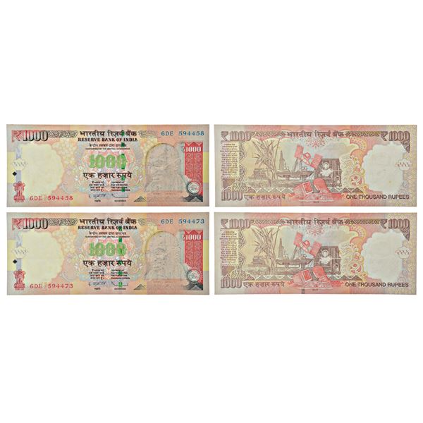 Paper Money: 1000 rupees, misprint notes (2), Gandhi series, 2013, signed by D. Subbarao, inset 'R',