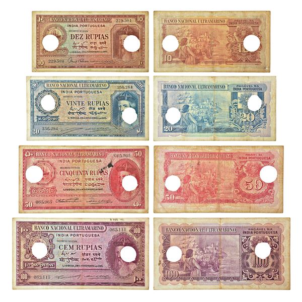 Paper Money: Indo-Portuguese Territories, set of 4 rupias with cancel holes, 10 rupias, 20 rupias, 5