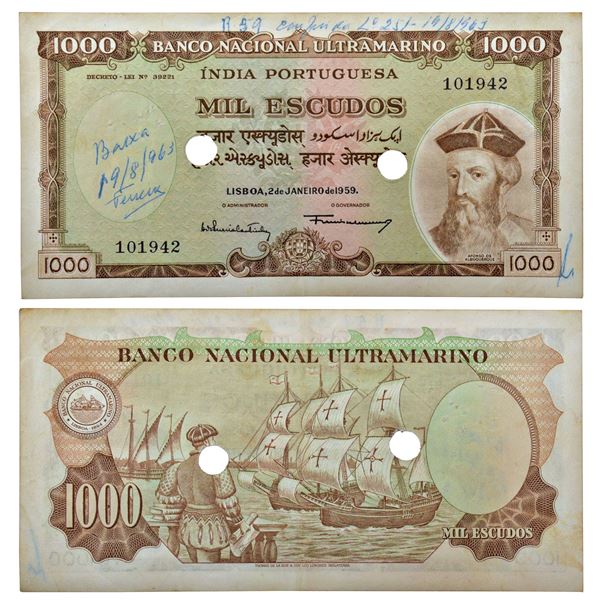 Paper Money: Indo-Portuguese Territories, 1000 Escudos, 7th Issue, dated 2nd January 1959, signed by