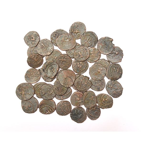 Large Lots: A group of 44 Kota Kula copper coins, stylized Shiva and Bull type, various symbols and