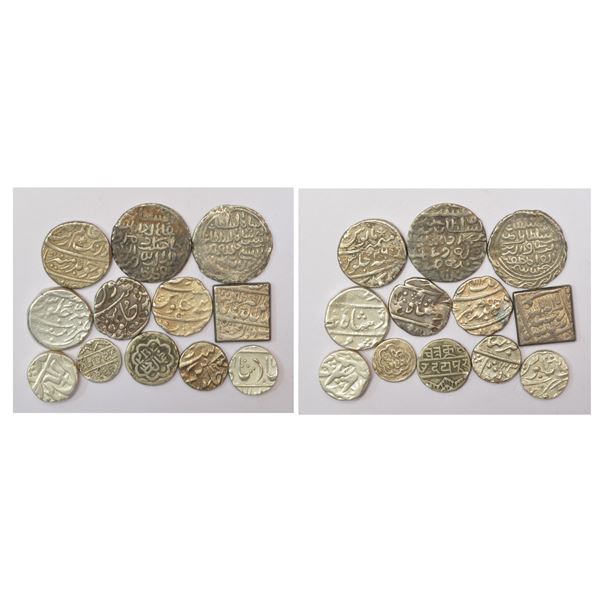 Large Lots: A group of 12 assorted silver coins, includes Sultanate, Mughal and Princely states, dif