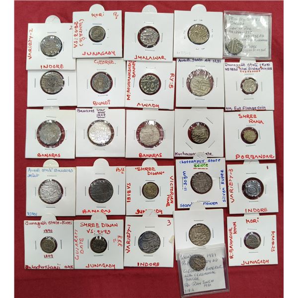 Large Lots: A group of 26 assorted silver coins, includes Awadh, Baroda, Bundi, Chattarpur, Indore,