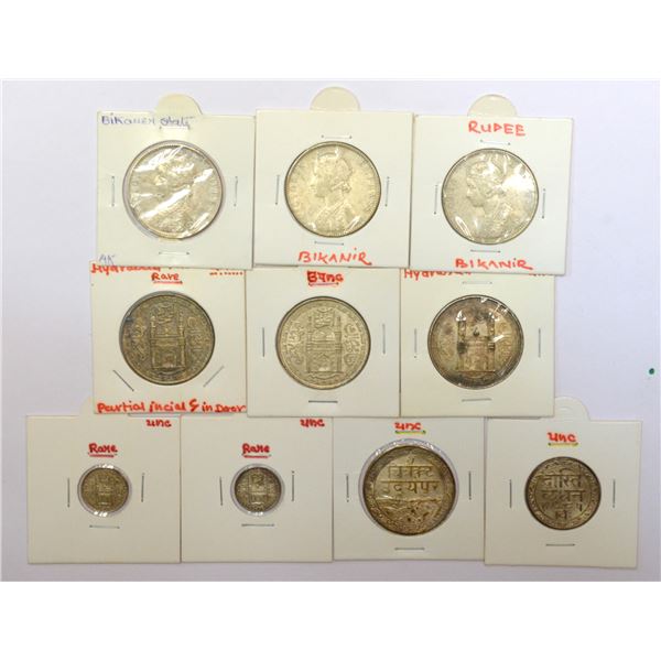 Large Lots: A group of 10 Princely states silver coins, includes 3x Bikaner, 5x Hyderabad and 2x Mew